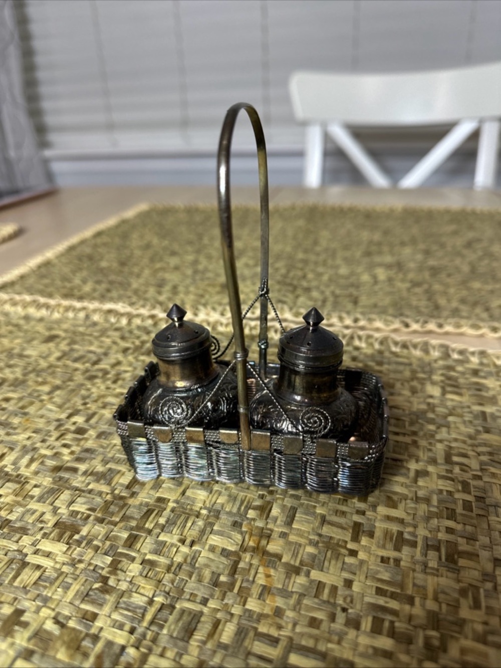 Vintage Salt And Pepper Shakers Ornate French Silver-Plated Metal 1950 In Basket